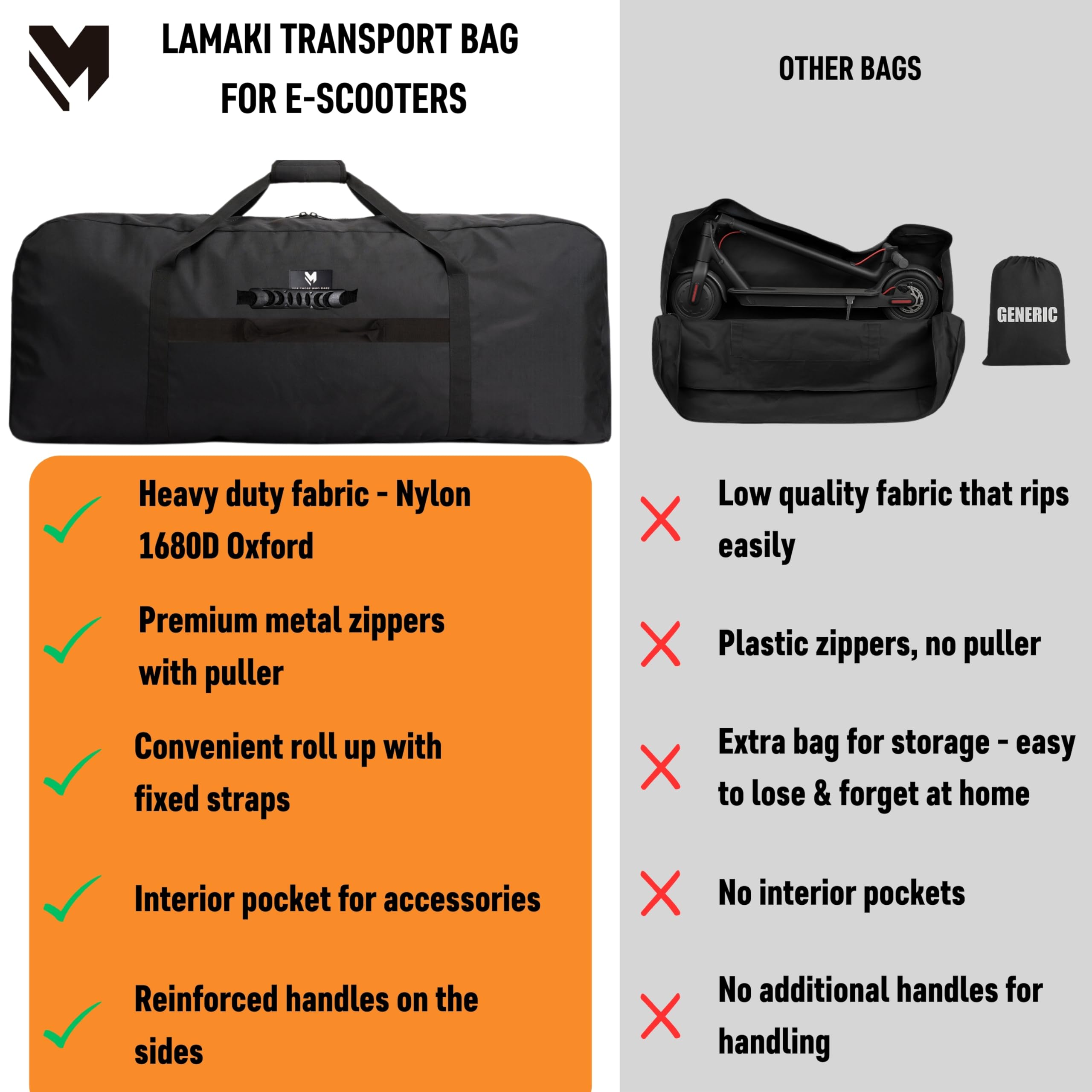lamaki Electric Scooter Bag Transport & Storage - Universal Size - Heavy Duty Nylon 1680D, Foldable, Metal Zippers, Straps for Handle Bars - Electric Scooter Carrying Bag
