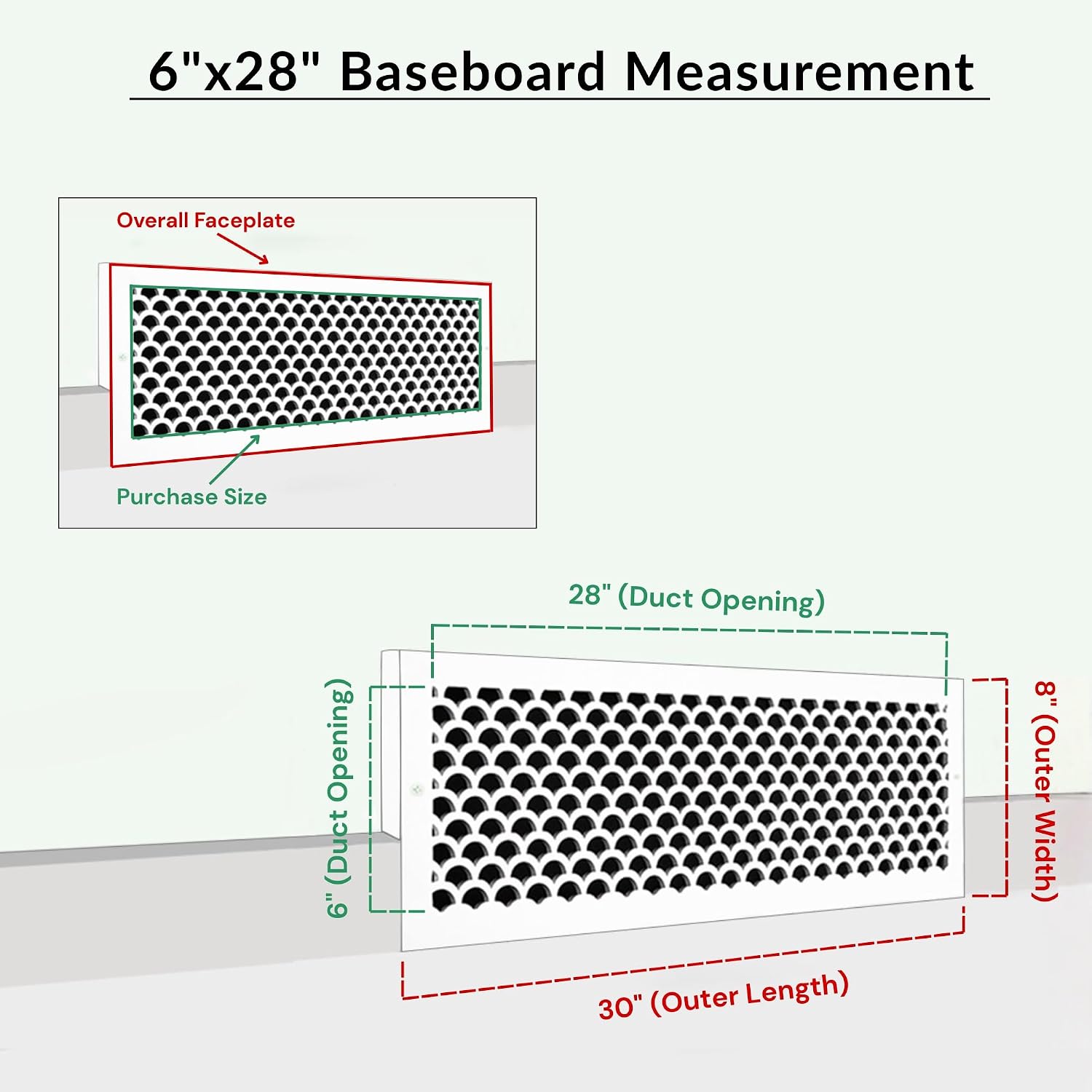 Scallop 6"x 28" Duct Opening Solid Cast Aluminum Baseboard Register Grill Vent Cover | Powder Coated| (Overall 8"x 30") for Wall-White with Screw Holes