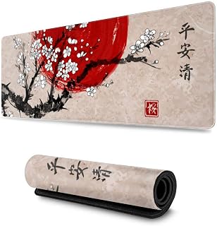 Vintage Japanese Sumi-E Red Sun Sakura in Blossom Gaming Mouse Pad XL Extended Large Mouse Mat Desk Pad Stitched Edges Mousepad Long Non-Slip Rubber Base Mice Pad 31.5 X 11.8 Inch