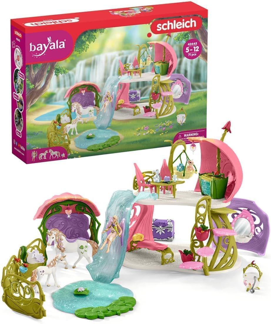 Schleich Bayala - 71 PC Glittering Flower House Playset with Fairy Figure, 2 Cute Unicorn Toys and Fairy Dollhouse Accessories for Girls and Boys - Fantasy Figurine Animal Set for Kids Ages 5+ | 42445
