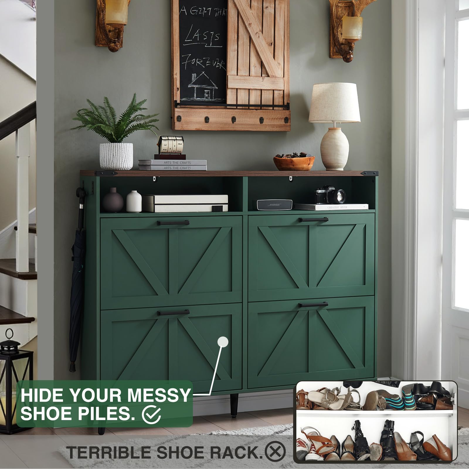 Barnyatoh Shoe Storage Cabinet,Farmhouse Shoes Organizer with 4 Flip Drawers & Barn Door Design,Freestanding Hidden Slim Narrow Shoe Rack Cabinet with Open Storage for Entryway, Foyer,Hallway,Green