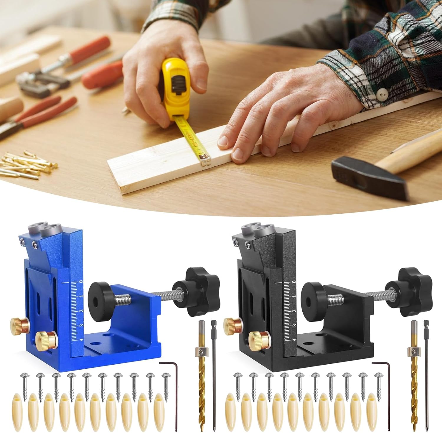 Pocket Hole Jig Set For Precise In Woodworking With Adjustable Drill Guide And Dowel Templates Secure Joint Construction
