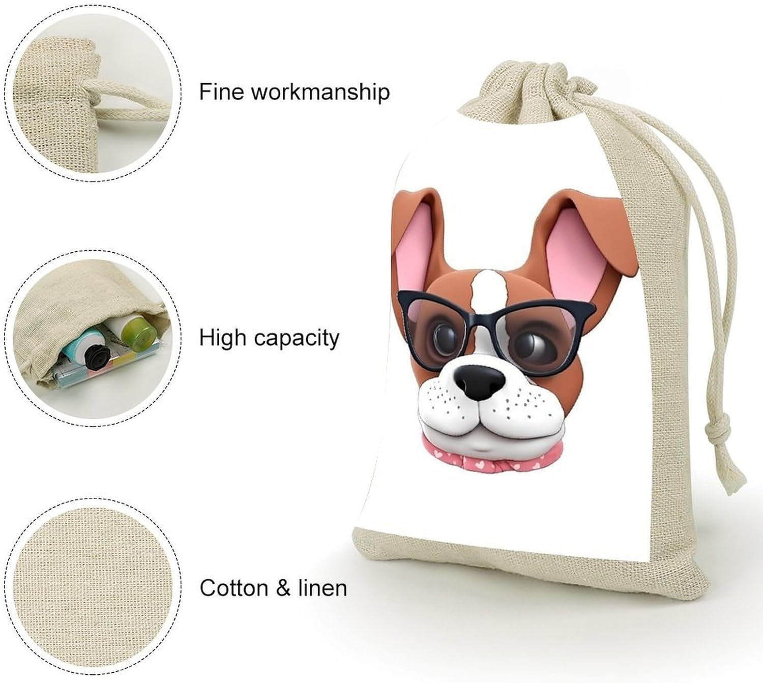 FekiLoot Dog with Glasses Cotton Linen Drawstring Bags Pack of 8 image 3