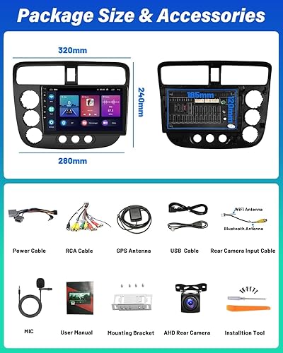 Miniatura 8 de 2G+32G para radio Honda Civic 2001-2005, Hikity Android 11 estéreo inalámbrico Apple Carplay Android Auto, pantalla táctil de 9 pulgadas con