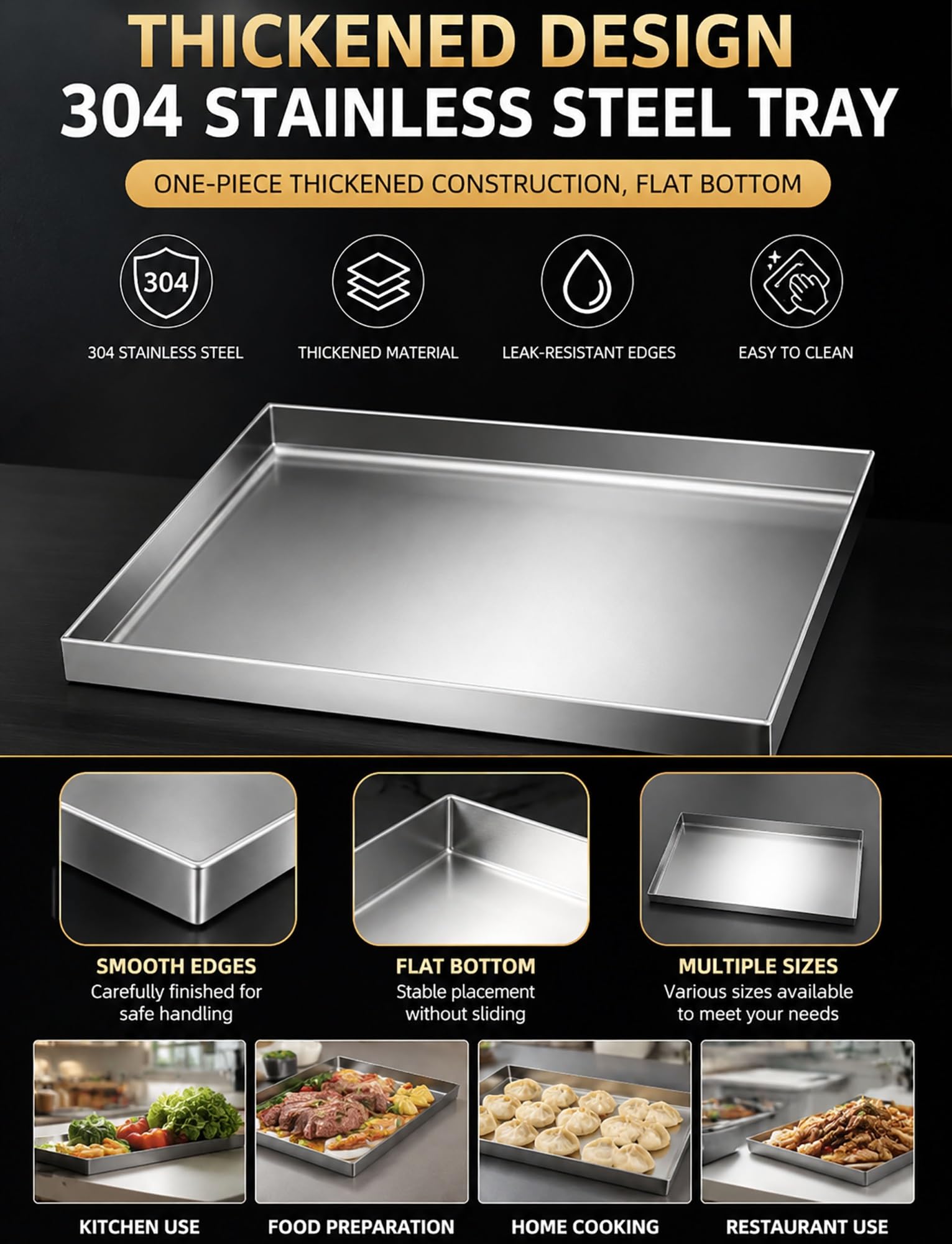 Vassoio rettangolare in acciaio inossidabile 304, a tenuta stagna, fondo piatto resistente, altezza 5 cm, per cucina o uso commerciale, 60 x 100 x 5 cm