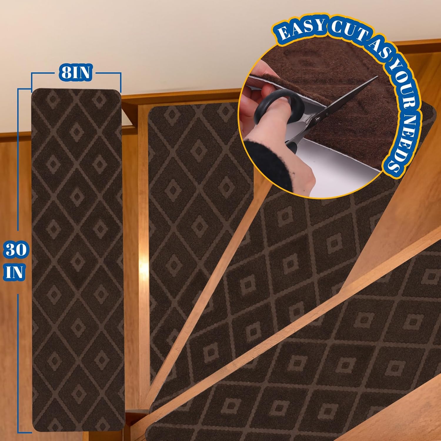 RIOLAND Non-Slip Carpet Stair Treads for Wooden Steps, 15 Pack Indoor Stair Runner with Reusable Adhesive Modern Anti Moving Safety Stair Rugs for Kids Dogs & Elders, 8" X 30", Rhombus Brown