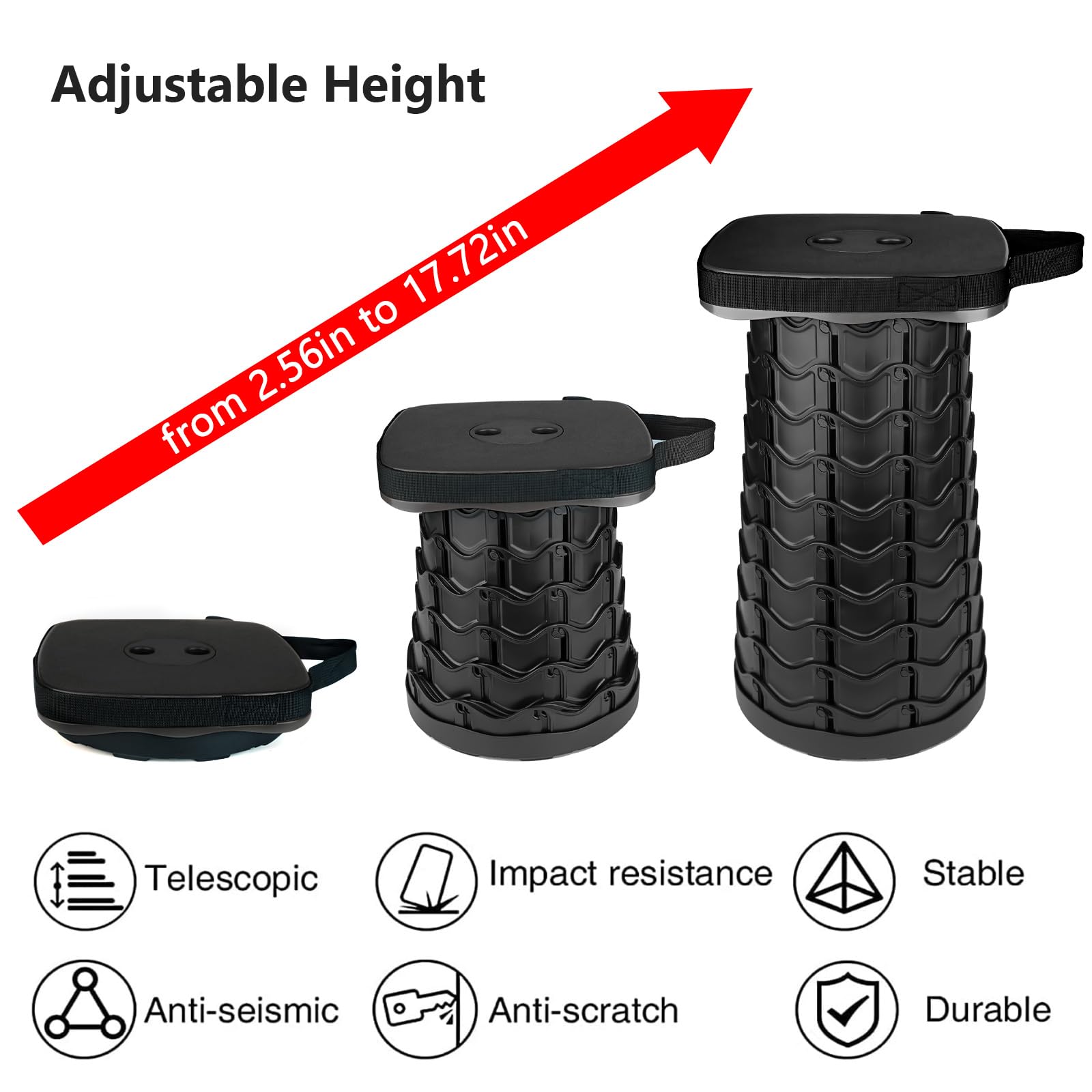 Outward Gear Sgabello pieghevole pieghevole 2024 Sedia pieghevole Sgabello da campeggio portatile Robusto sgabello telescopico retrattile (nero)