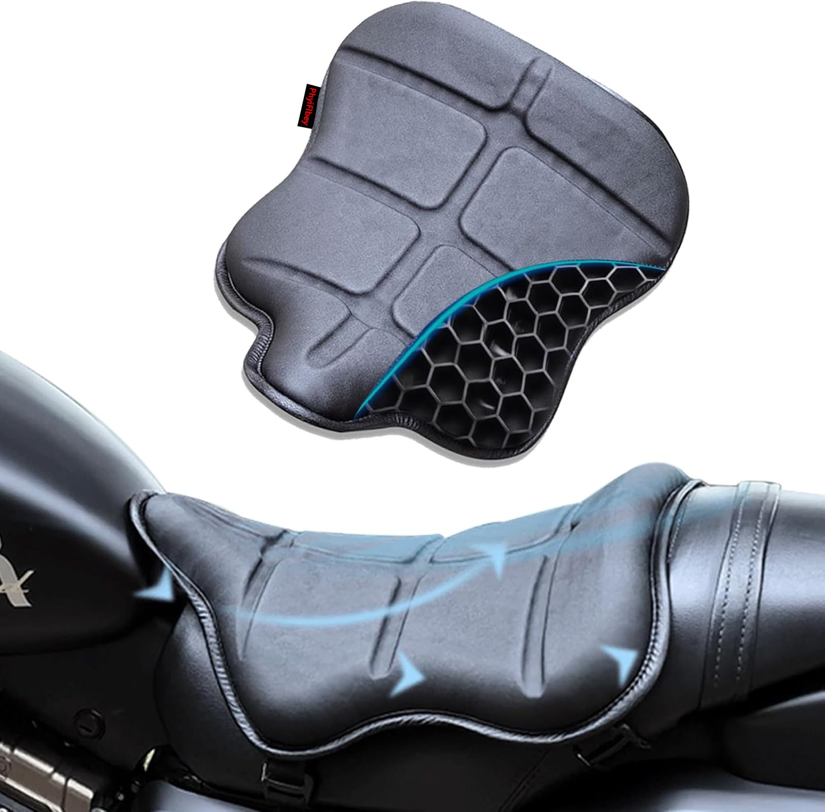 PhyiFlbey Leather Motorcycle Gel Seat Cushion, Lnew Gel Honeycomb Shock-Absorbing Breathable Seat Cushion, High Elasticity Heat Insulation Anti-Slip Waterproof Motorcycle Seat Cushion