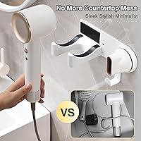 Vista 5 de Soporte para secador de pelo blanco, soporte para secador de pelo montado en la pared, organizador adhesivo para secador de pelo con almacenamiento