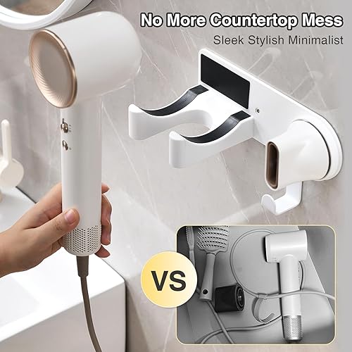 Miniatura 5 de Soporte para secador de pelo blanco, soporte para secador de pelo montado en la pared, organizador de secador de pelo con almacenamiento de cables,