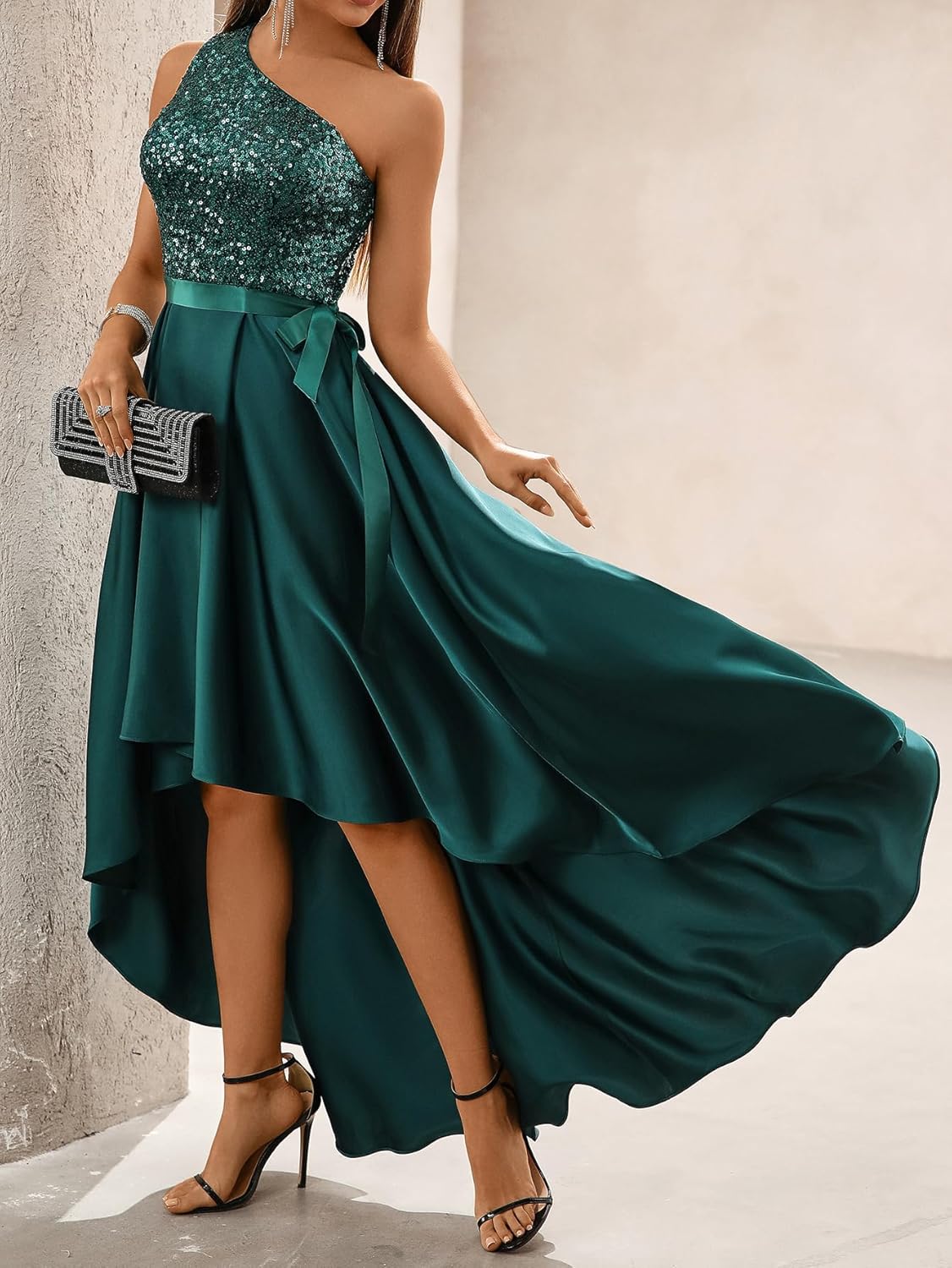 Green One Shoulder Cocktail Prom Sequin Dresses Satin Formal Wedding Guest Dresses High Low Hem Sleeveless Homecoming Dress - Image 6
