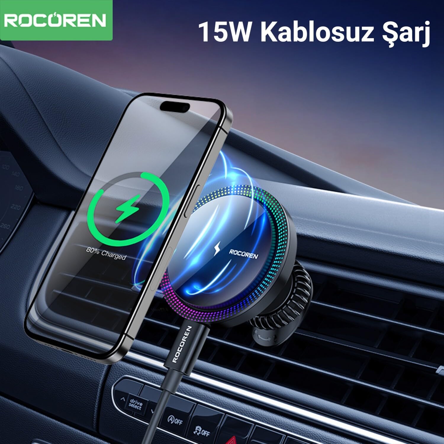 Rocoren 15W Bezprzewodowa ładowarka samochodowa, magnetyczna z QC3.0, Automatyczne i szybkie automatyczne ładowanie bezprzewodowe, rozpraszanie ciepła, kompatybilna z MagSafe, iPhone Series