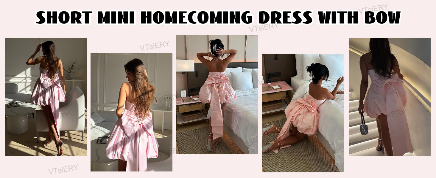 VTsiERY Short Homecoming Dress with Bow Satin Bubble Strapless Prom Gowns  A-Line Cocktail Party Black Customized at Amazon Women's Clothing store