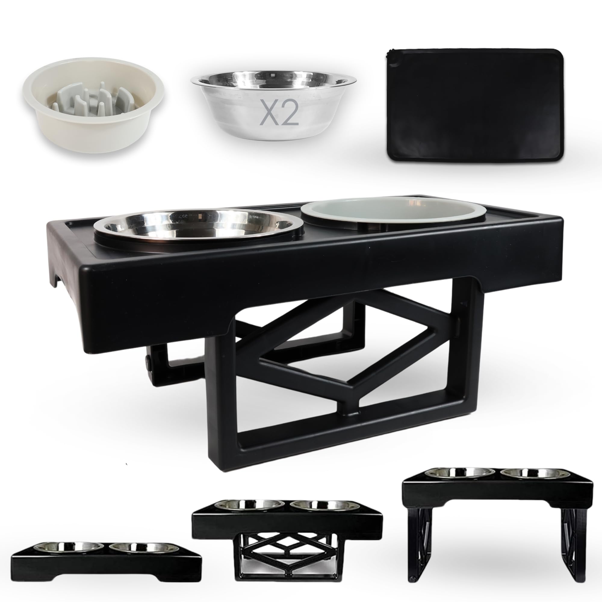 Comedero perro elevado - bebedero perro 3 alturas ajustables - con 2 cuencos para perros extraíbles de acero inoxidable y 1 cuenco para perros extraíble Antivoracidad + 1 tapete antiderrame - comedero
