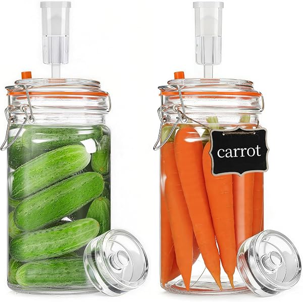 2 Piezas Tarros de Fermentación con Cierre de Aire,1000ml Fermentadora con Pesos, Tarros de Cristal con Tapa Hermética, Vasos de Cristal Transparente, para Kimchi, Kombucha y Encurtidos - 1
