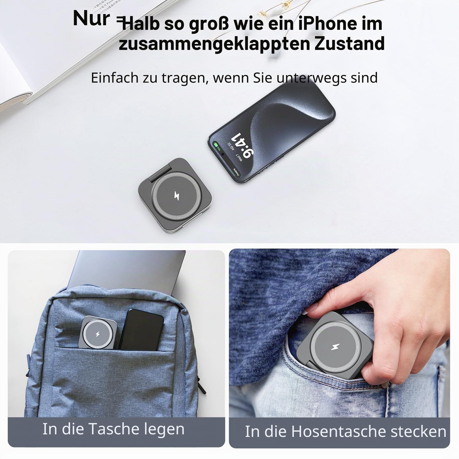 KU XIU X55 15W Magnetisches Ladestation für Magsafe, Faltbar 3-in-1 Ladestation Reise, Ladegerät Ständer für Apple Watch und iPhone 17-12 & AirPods, Mit 30W USB-C Netzteil, Grau