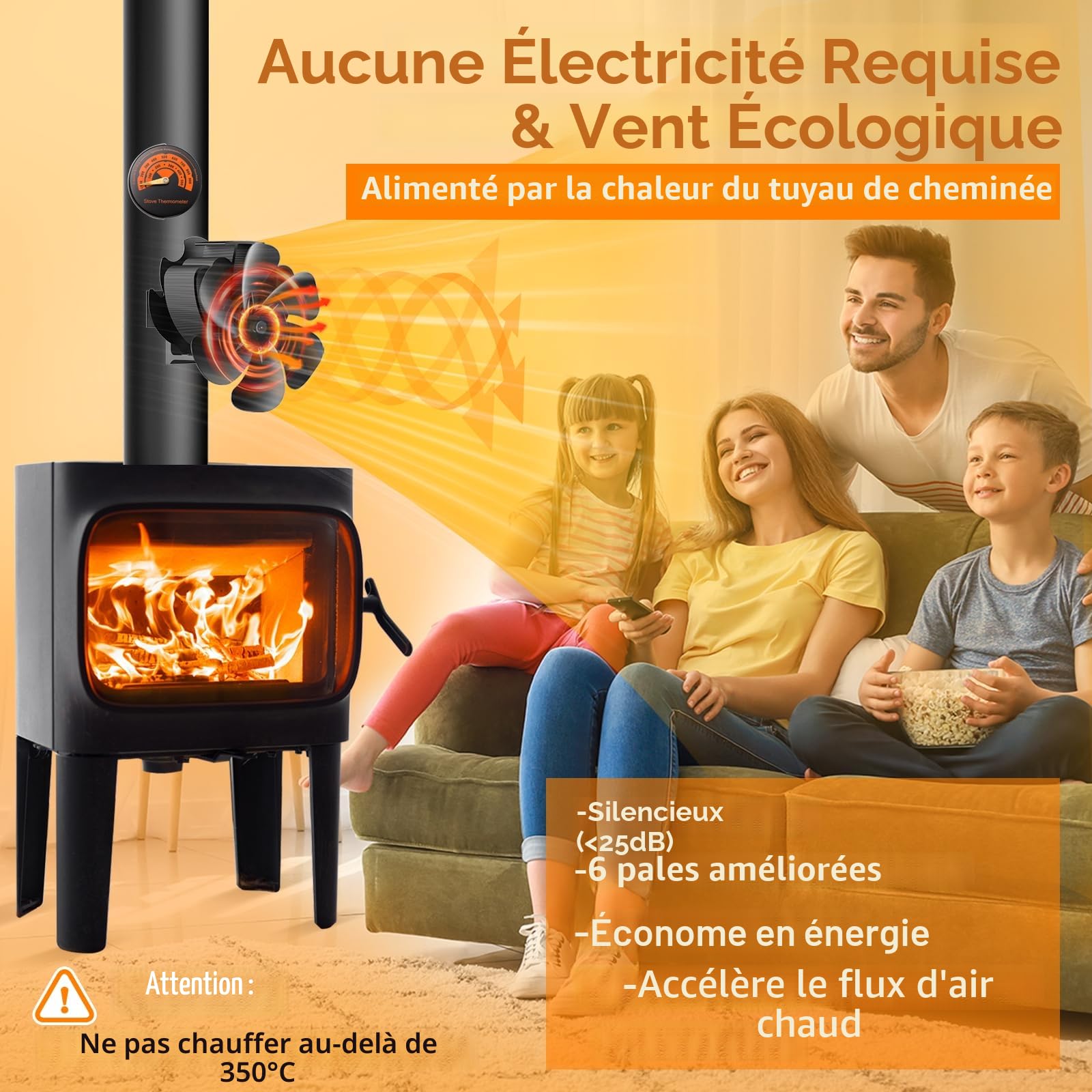 Ventilateur Poele à Bois Magnétiques avec Thermomètre, Amélioration 6 Pales Ventilateur de poêle à chaleur, écologique,Répartition Efficace de La Chaleur, Silencieux avec pour Bois/Bûches/Cheminée/Gaz