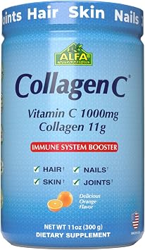 ALFA VITAMINS CollagenC Hydrolysate Peptides Powder Supplement with 1,000mg Vitamin C - Premium Quality Source of Nutrients - Skin, Hair, Nails, Immune Boost & Joints Support - Orange Flavor -11 OZ