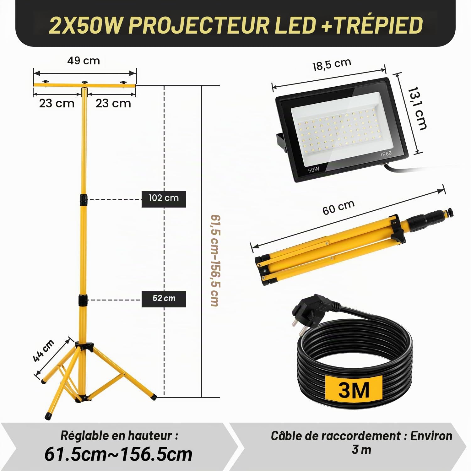 Projecteur de chantier ISOISL avec trépied 2x50W, projecteur LED 2x5000 lumens, télescopique réglable à 1,60 m, rotation à 360°, câble de 300 cm, IP66 pour garage, atelier, chantier, blanc froid