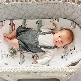 GRSSDER Stretchy Ultra Soft Fitted Bassinet Sheet Set 2 Pack, Universal Fitted for Bassinets Baby Cradle Moses Basket Oval Rectangle Mattress Safe and Snug, Neutral Pattern of Cars Print