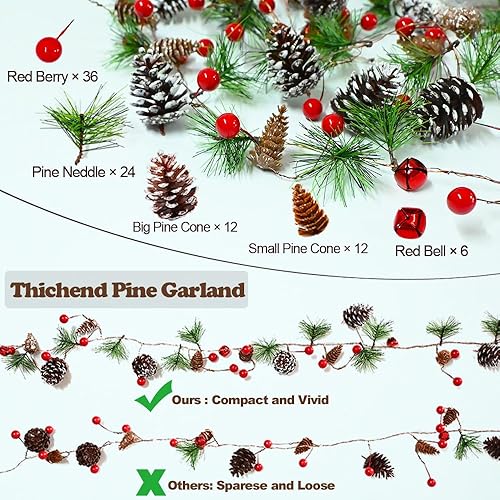 Miniatura 2 de Guirnalda con luces, guirnaldas de pino de Navidad de 13 pies, 40 luces LED, funciona con pilas con bayas rojas y luces LED, guirnalda de árbol de