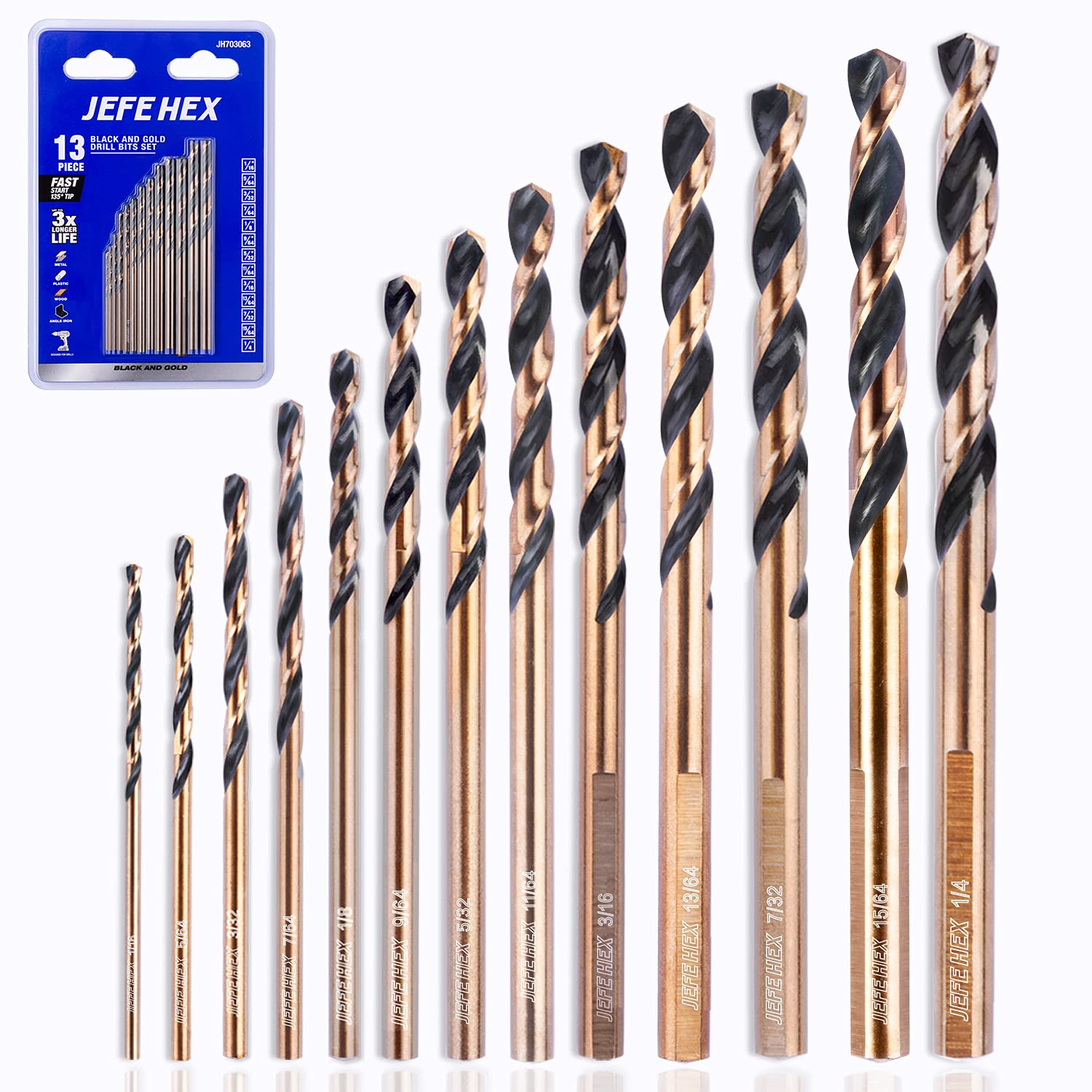 JEFE HEX 9-Piece Twist Drill Bits Set - 3 Flat Shank with 135° Split Point - Jobber Drill Bit Set 1/16",3/32",1/8",5/32",3/16",7/32",1/4",5/16",3/8" Metal Drill Bits for Steel/Copper/Aluminum/Zinc Alloys/Wood/Plastics: Tools & Home Improvement