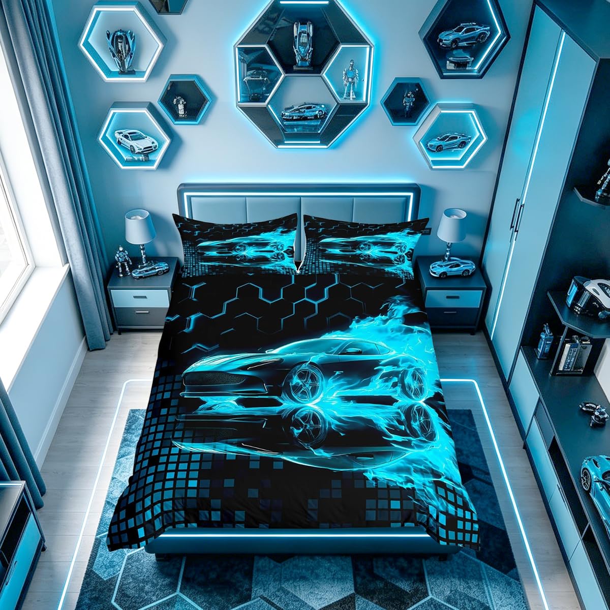 Homemissing Azure Race Car Flame Duvet Cover Set Super King Size For Kids Boys Teens Black Honeycomb Racing Car Bedding Set Fast and Furious Speed Sports Duvet Cover with 2 Pillowcases