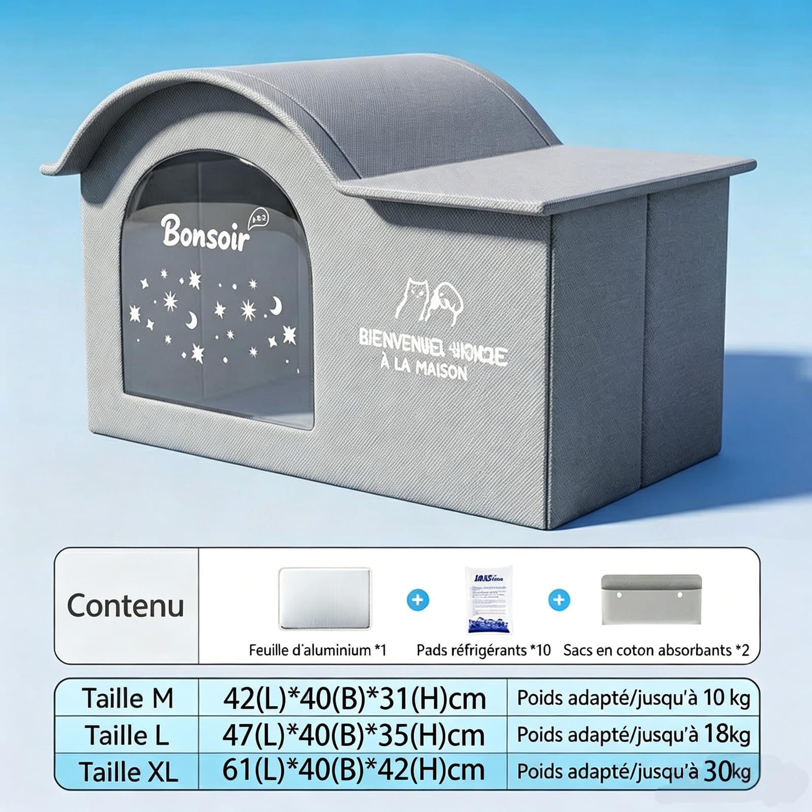 Maison Rafraîchissante Chat avec 10 Blocs de Glace, Maison Isotherme Chat 3 Couches, Cabane Rafraichissante Chats Pliable Portable, Niche Rafraichissantes Chats pour Été, Intérieur et Extérieur，D：L