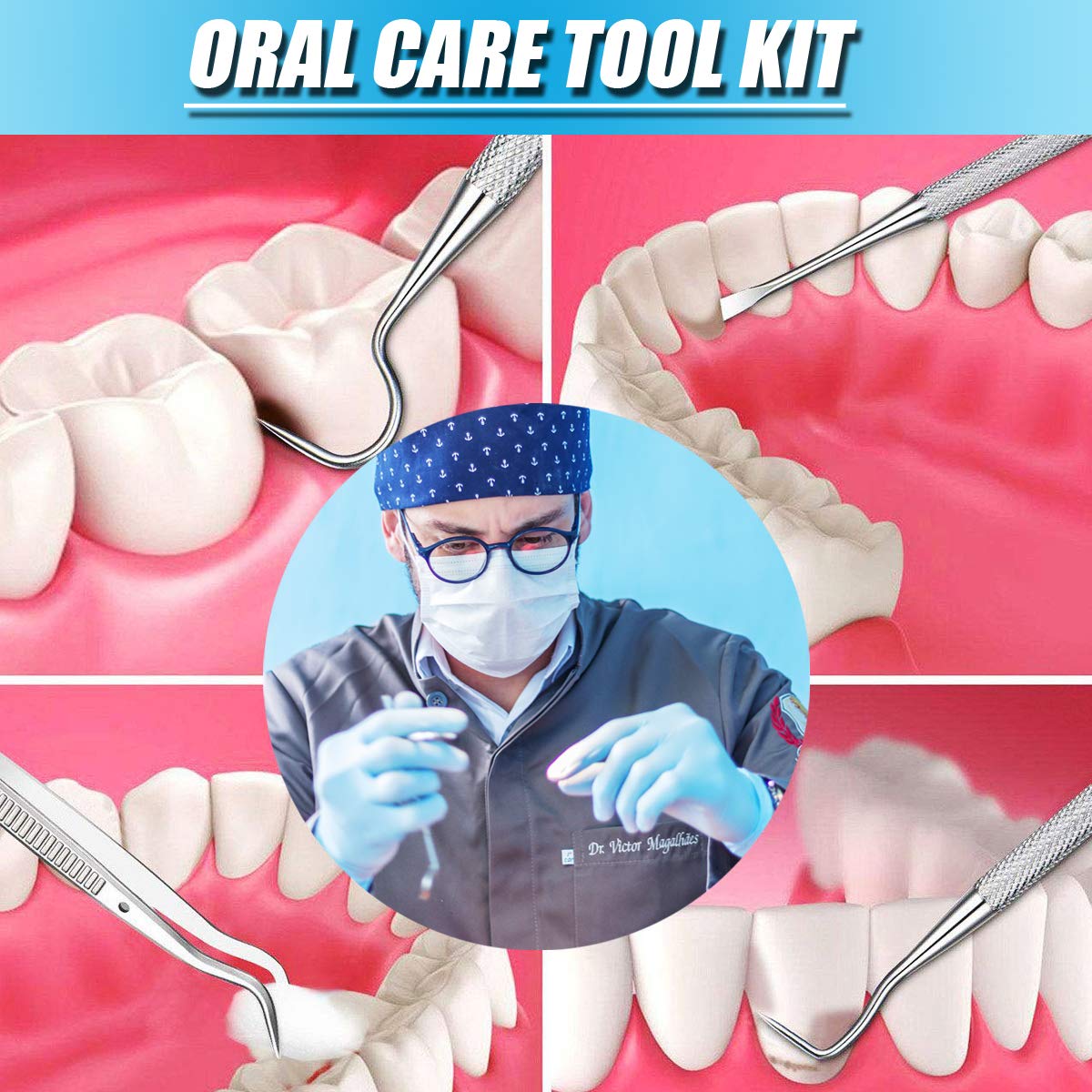 Professional Dental Tools Kit,6 PCS Teeth Cleaning Tools Set,Oral Care Kit with Tooth Pick, Dental Mirror, Tartar Scraper, Dental Probe, Dental Scaler, Dental Tweezer for Personal & Pet Oral Care Use