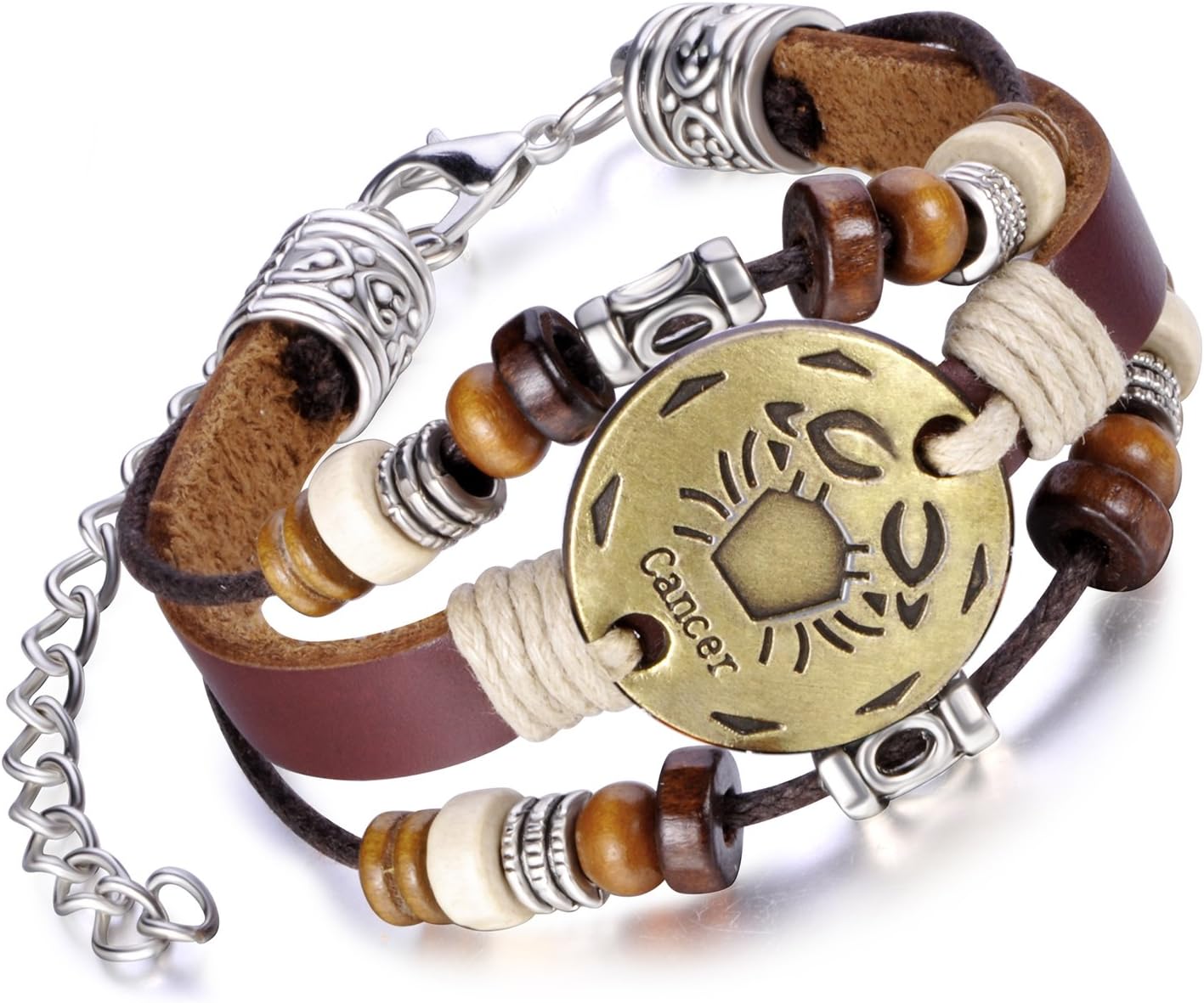 Feilok Elegant Alloy Leather Zodiac Constellation Cancer Adjustable Bangle Charm Bracelet Strand Bracelet for Unisex, Brown