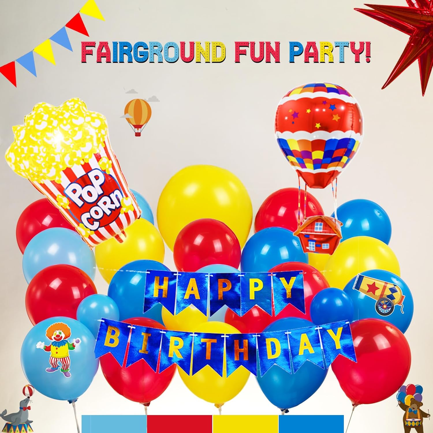 Carnival Circus Theme birthday party decorations & include red blue yellow balloon garland & foil hot air popcorn balloons & banner carnival road sign paper card background decor