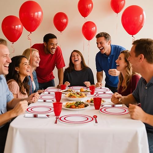 Miniatura 4 de I00000 350 platos de plástico rojo, juego de platos desechables transparentes, incluye 50 platos llanos, 50 platos de postre, 50 tazas, 50