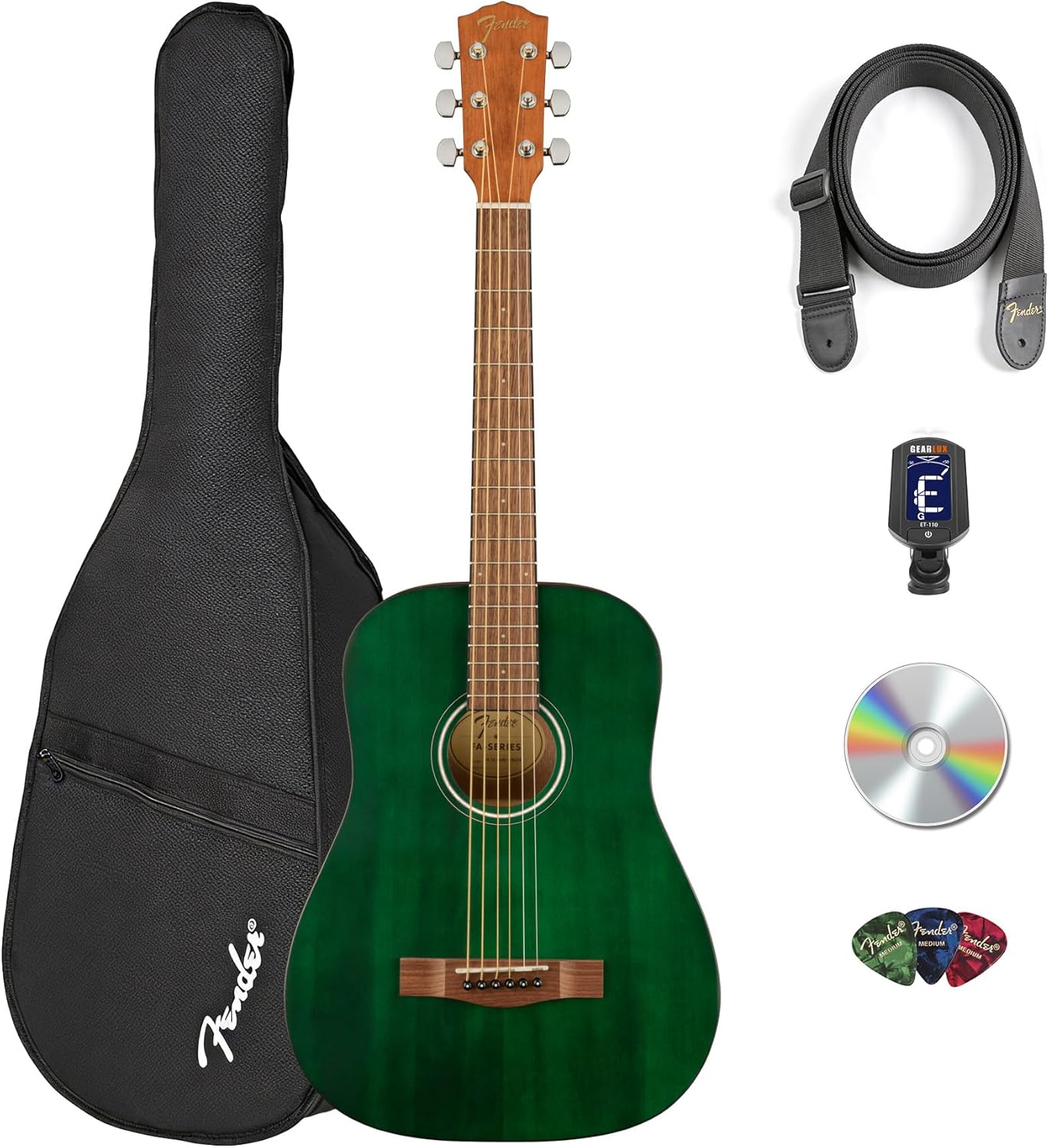 Fender FA-15 3/4-Scale Kids Steel String Acoustic Guitar - Green Learn-to-Play Bundle with Gig Bag, Tuner, Strap, Picks, and Austin Bazaar Instructional DVD