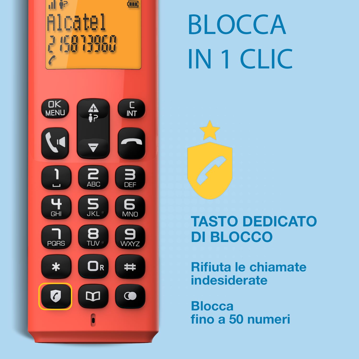 ALCATEL E260 - Telefono fisso cordless DECT - Design compatto - Grande display retroilluminato - Vivavoce - Funzione blocco chiamate indesiderate - Rosso