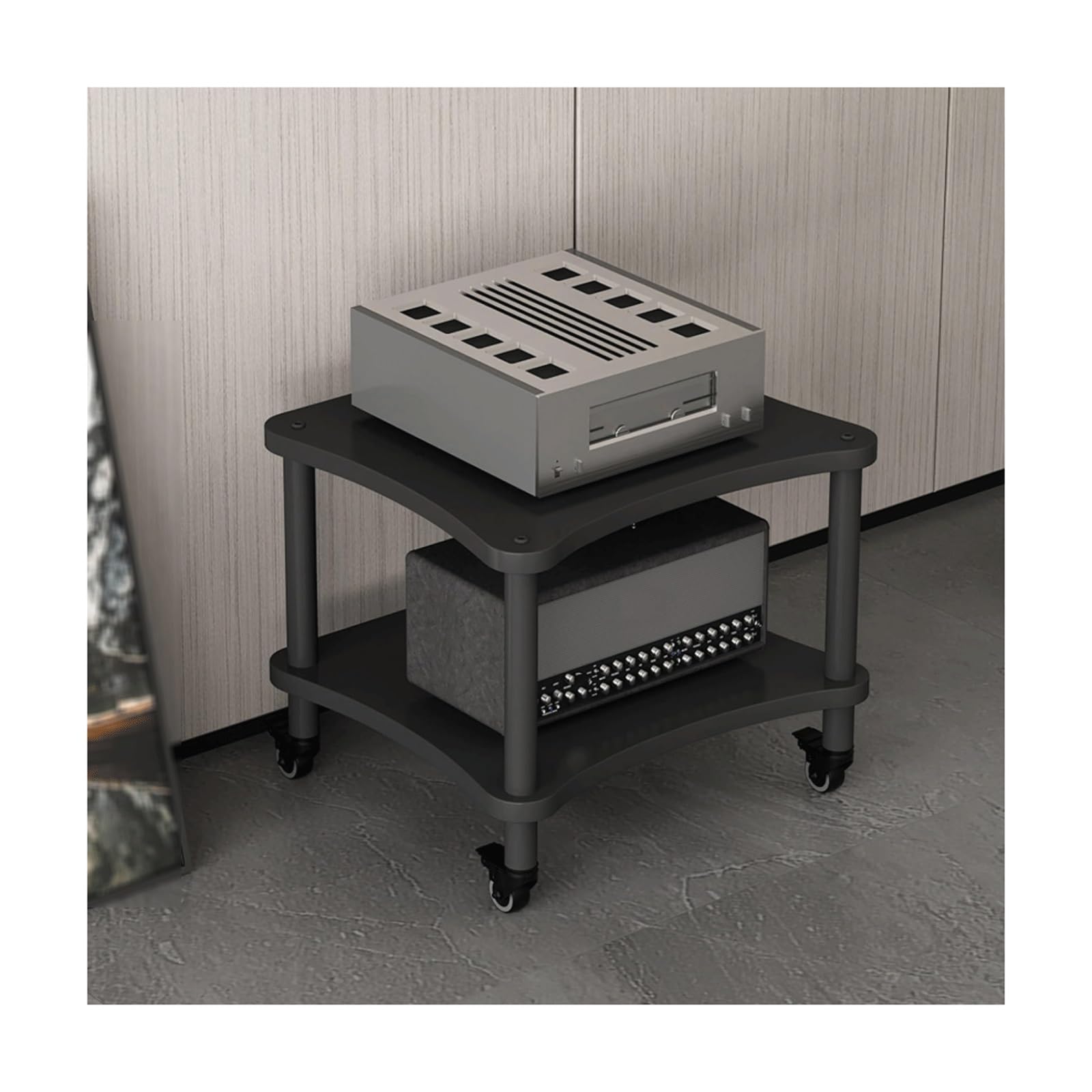 Soporte multimedia negro de 2 niveles con ruedas para rack de audio y video