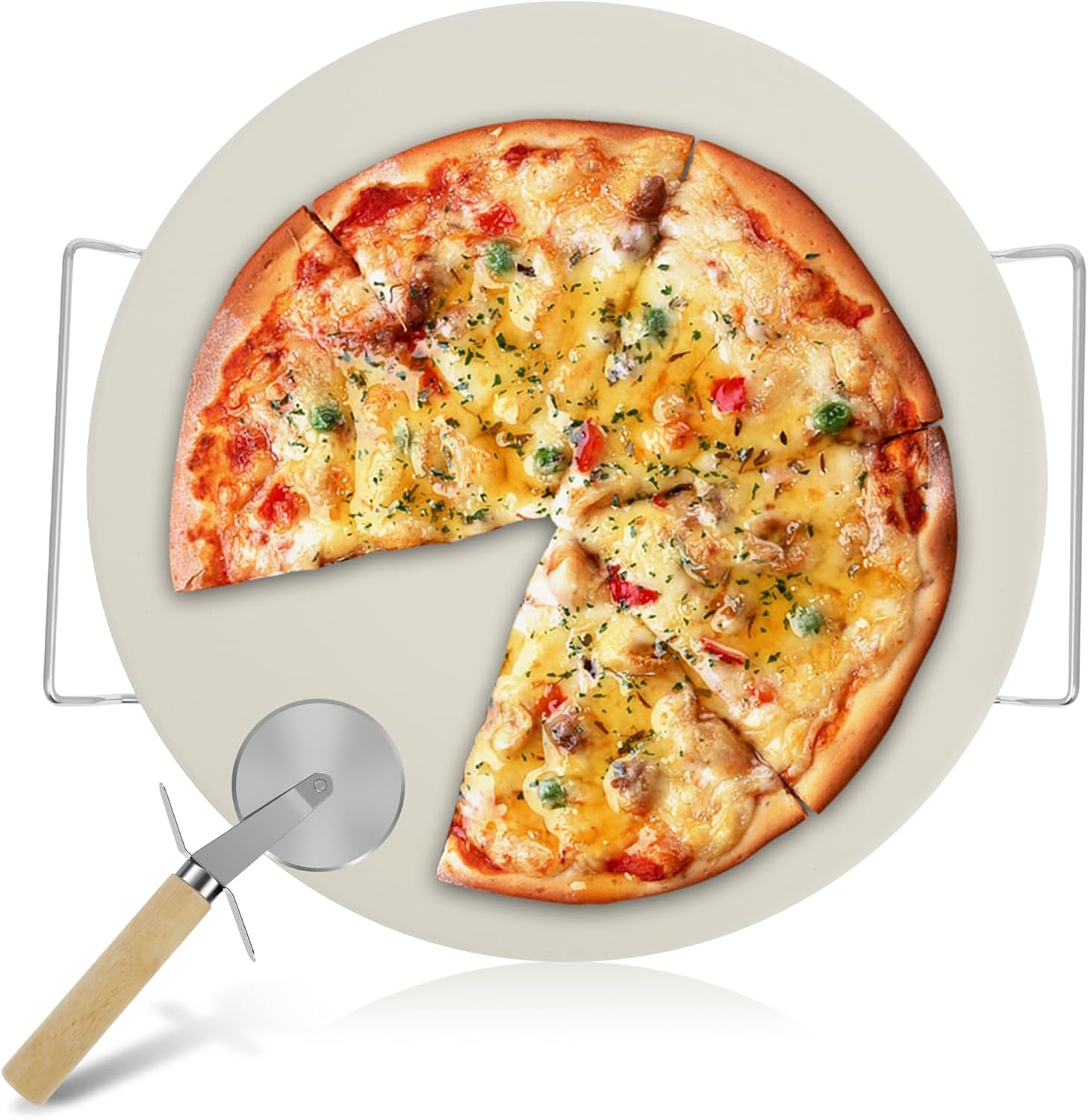 Round Pizza Stone Pan Heat Resistant Pizza Stone Baking Tray with Pizza Roller Easy to Use and Hold Pizza Baking Tray Easy to Clean Baking Tool Set Suitable for Pizzas US