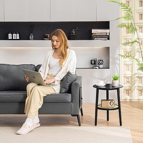 Miniatura 2 de Apicizon Mesa auxiliar redonda de 2 niveles, mesita de noche de ratán azul con almacenamiento, mesa auxiliar bohemia para sala de estar, dormitorio,