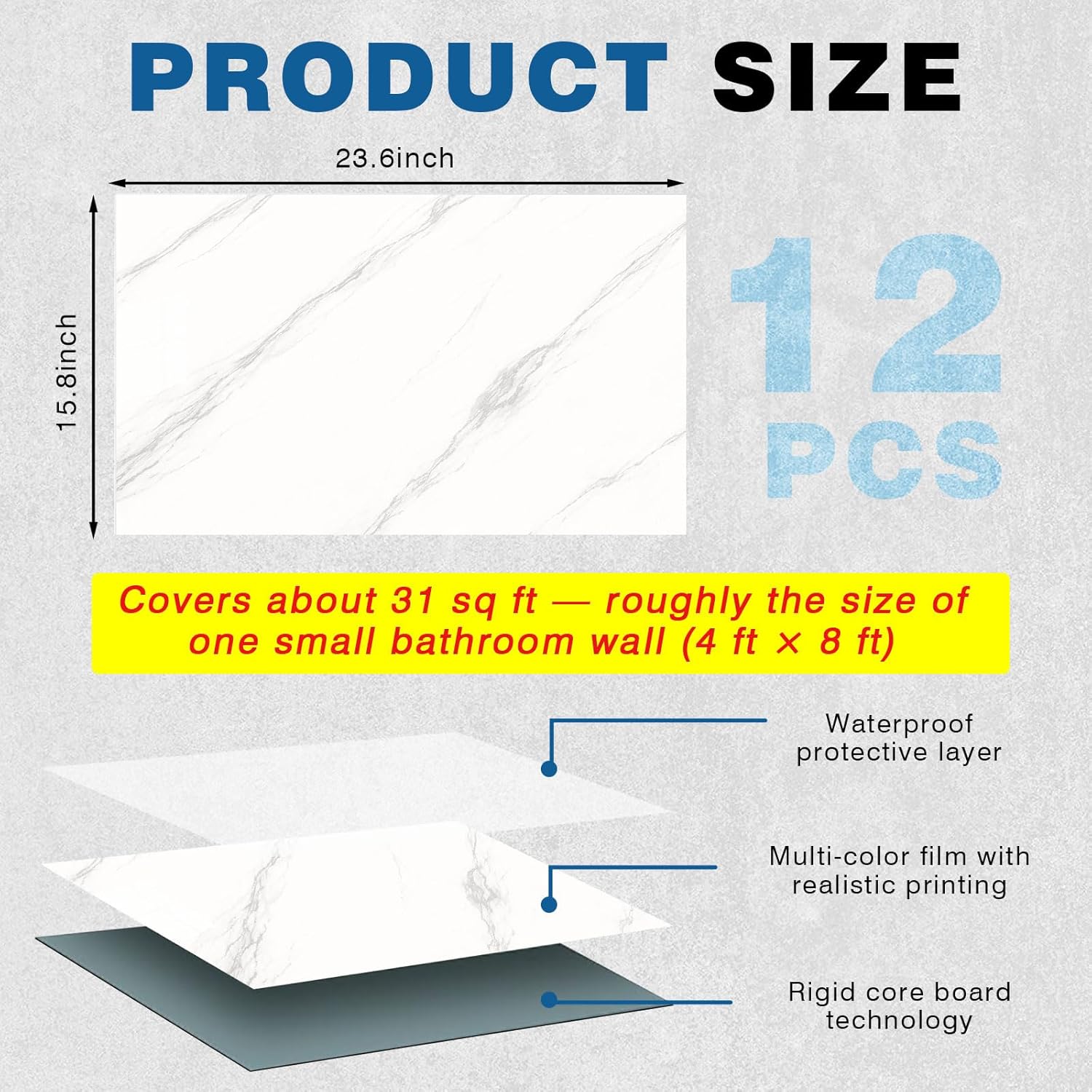 Waterproof Shower Wall Panels 12 Pack, Wall Panels for Bathroom or Kitchen Backsplash, Marble PVC Shower Tiles Easy Install, Covers 31 Sq Ft