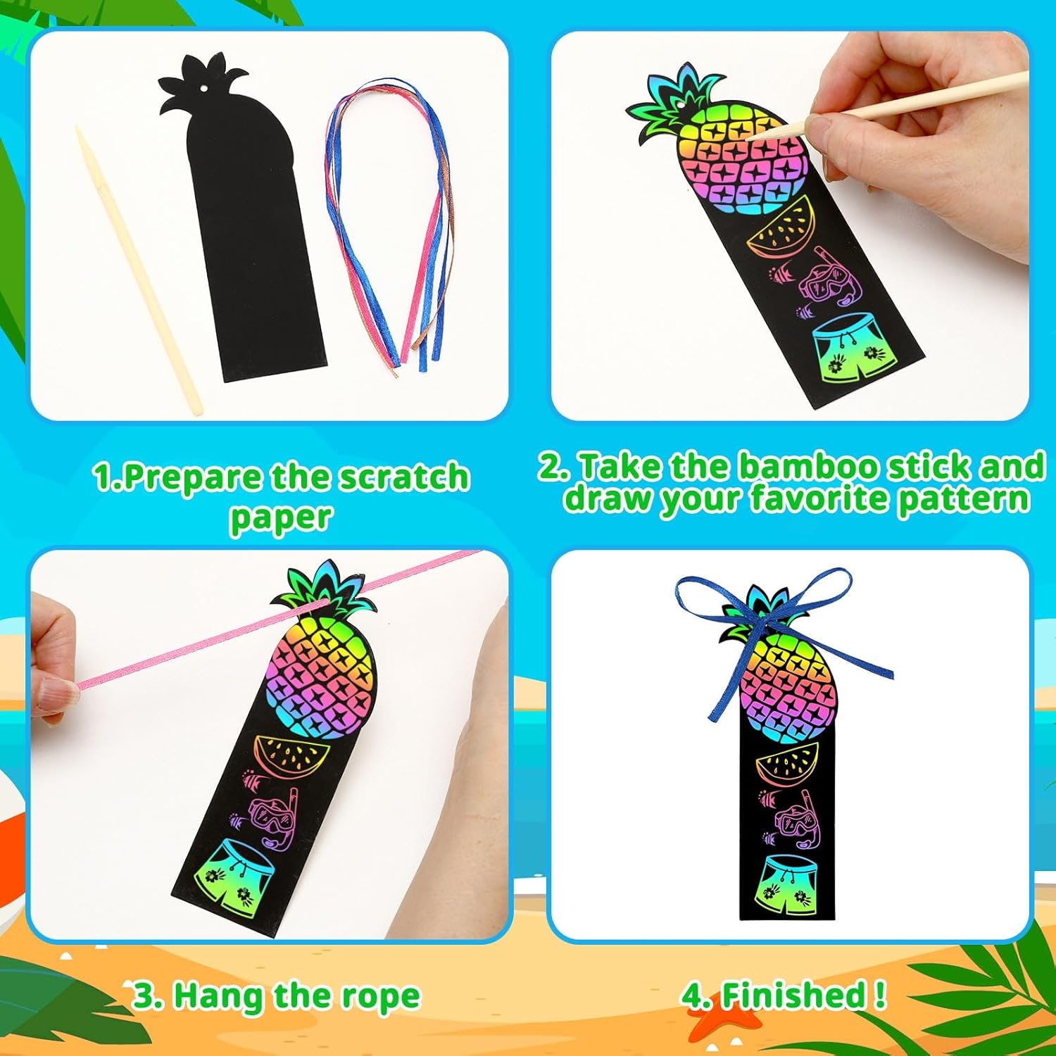 AUGSUN 96Pcs Luau Crafts, Magic Rainbow Scratch Art Luau Bookmarks Hawaiian Luau Party Favors Games Activities Summer Arts and Crafts