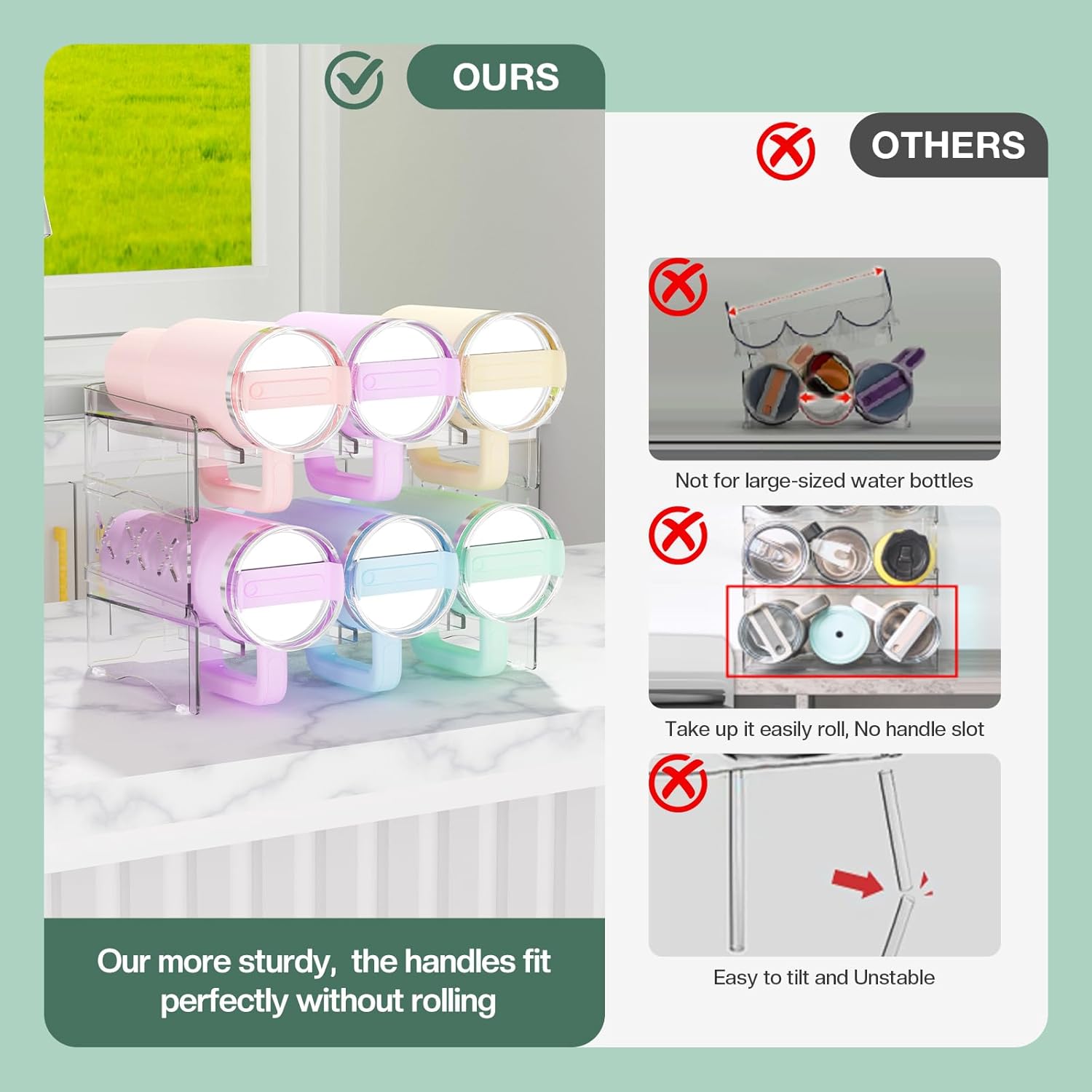 Reusable Stackable with Handle Compartment Water Bottle Tumbler Organizer for Stanley 40oz with Handle Cup, Larger Holder Stanley Cup Accessories for Pantry, Cabinet & Kitchen Organization and Storage