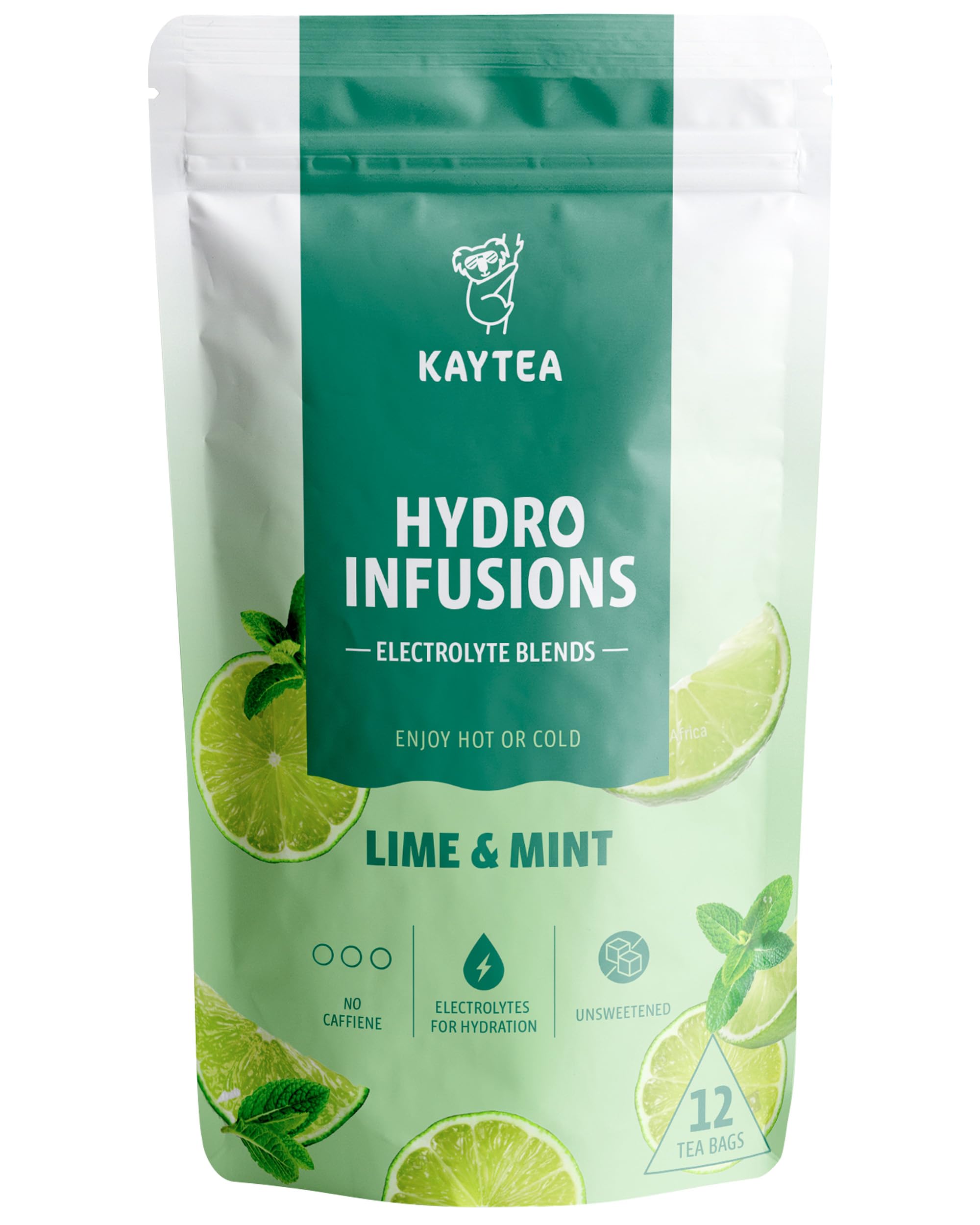 KAYTEA Lime & Mint Herbal Tea and Fruit Tea – 12 Hydro Infusion Tea Bags – Caffeine Free, Zero Sugar & Calories – Unsweetened Flavoured Tea with Added Electrolytes