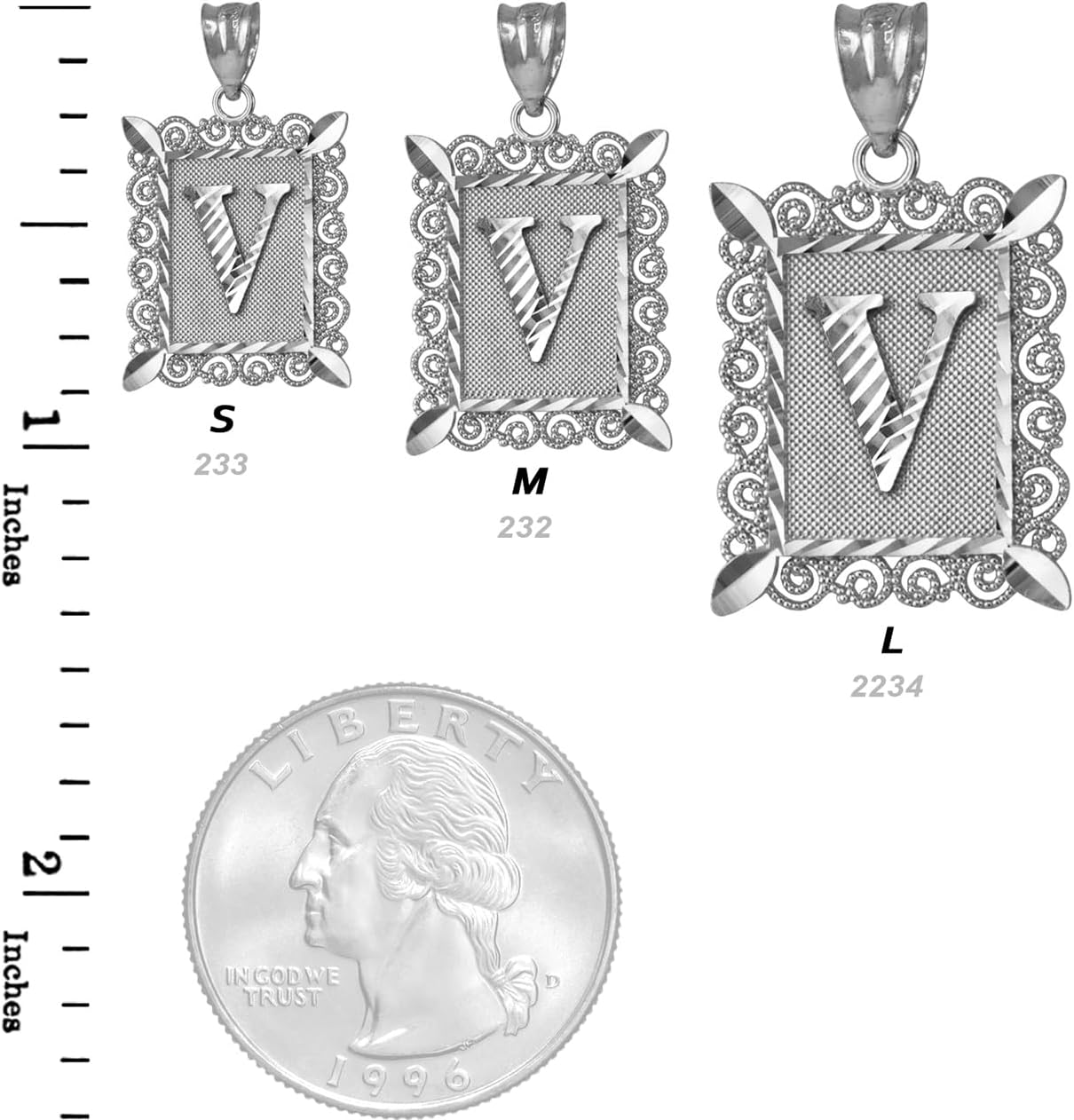 LA BLINGZ Sterling Silver Filigree Alphabet Letter 'V' Initial Personalized Charm Pendant (S/M/L)