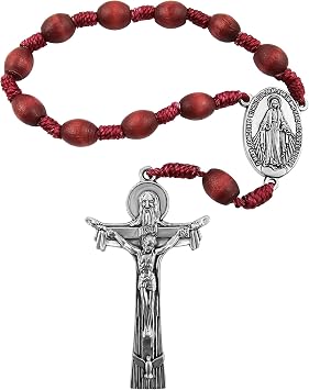 One Decade Pocket Catholic Rosary Wood Beads Rosaries for Car Rearview Mirror Virgin Mary Medal Centerpiece Holy Trinity Crucifix Cross Religious Gift with Linen Pouch