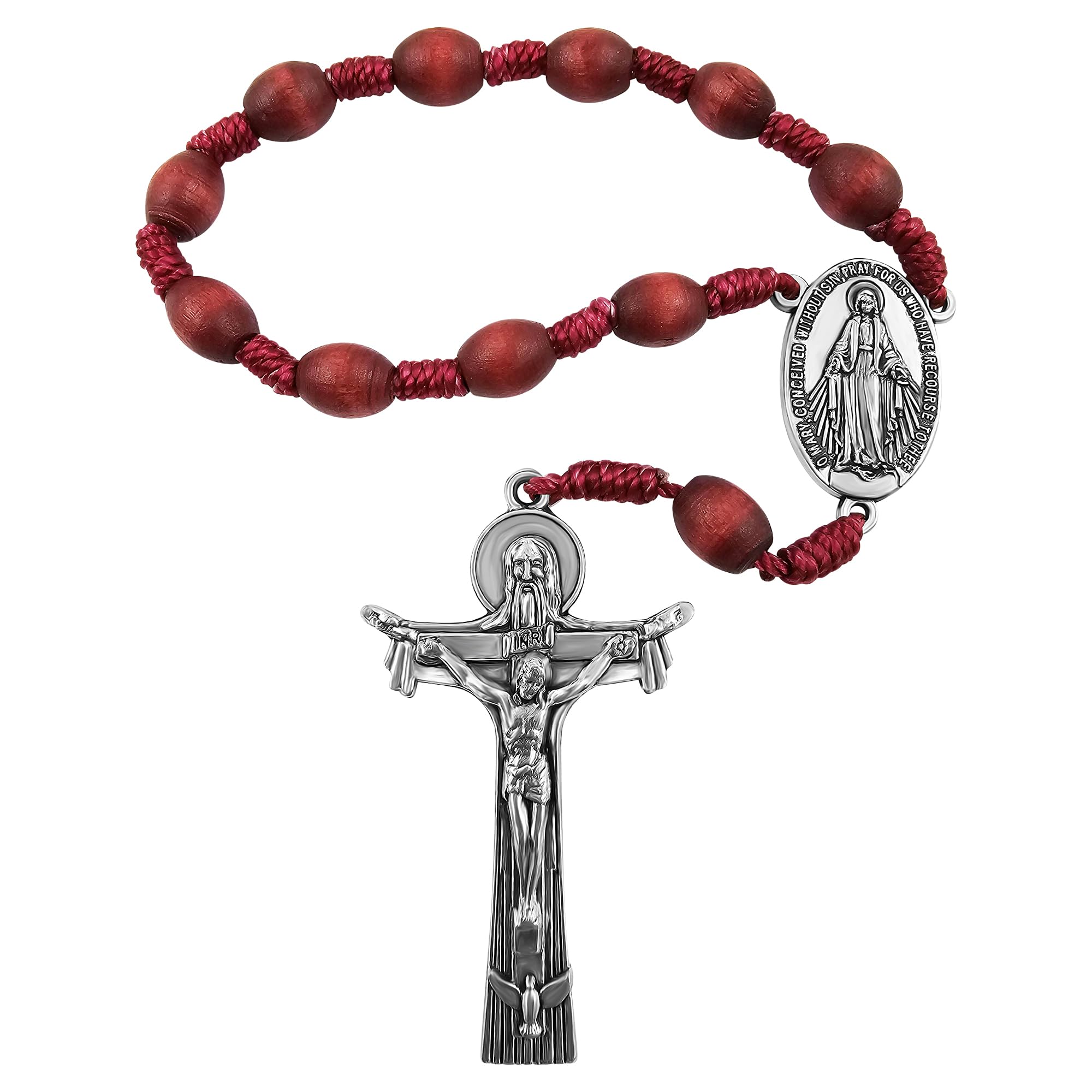 One Decade Pocket Catholic Rosary Wood Beads Rosaries for Car Rearview Mirror Virgin Mary Medal Centerpiece Holy Trinity Crucifix Cross Religious Gift with Linen Pouch