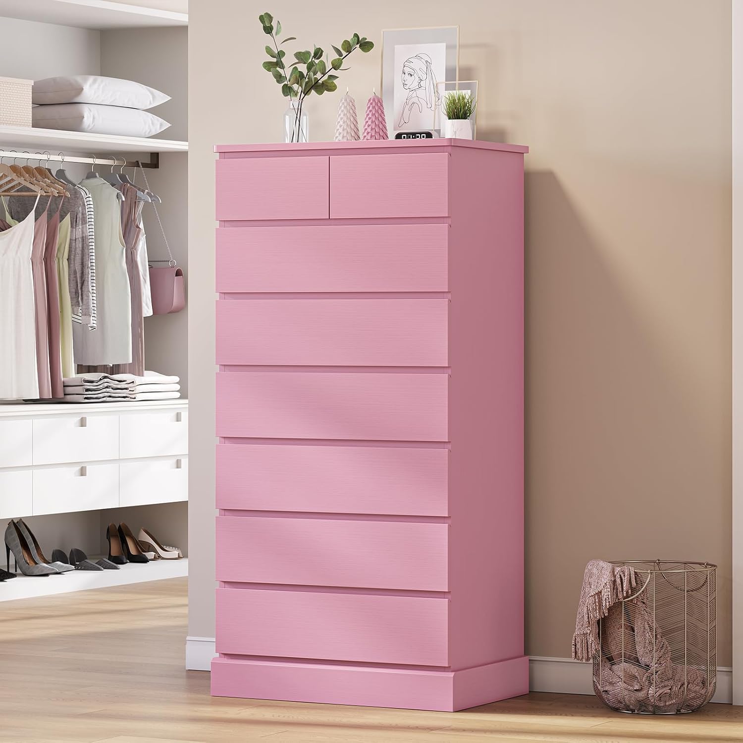 DICTAC Tall Dresser for Bedroom with 8 Drawers, 59.6" Tall Pink Dressers & Chests of Drawers, Modern Wood Closet Organizer and Storage Cabinet, Large Vertical Dresser for Bedroom, Closet, Hallway