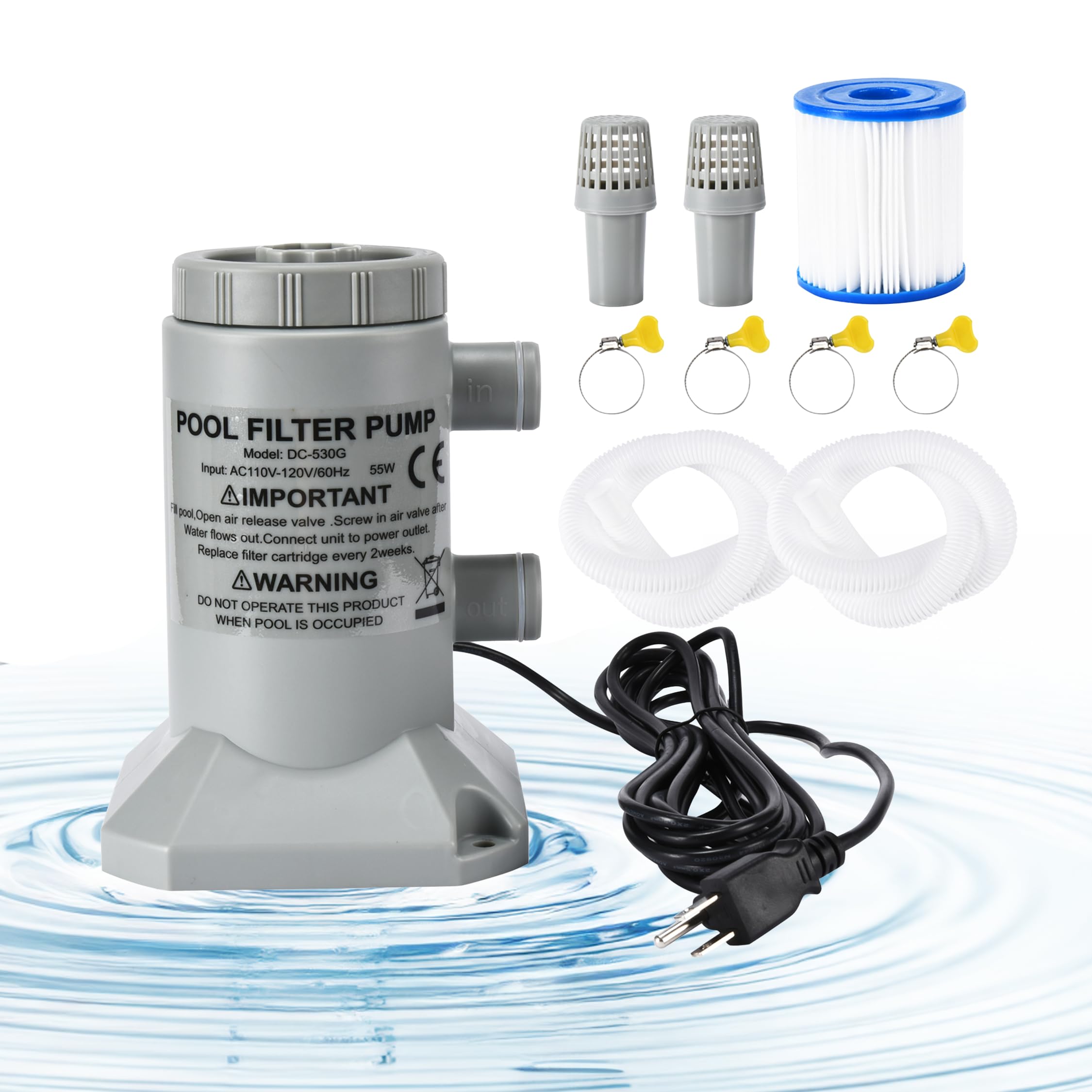EDOU Above Ground Pool Pump - Complete Accessory Kit with White Tubes, Grey Filter, Durable Plastic Material, Easy Use, Safe & Leak-Proof, Perfect for Maintaining Clean Water, 5.91 x 8.7 inch