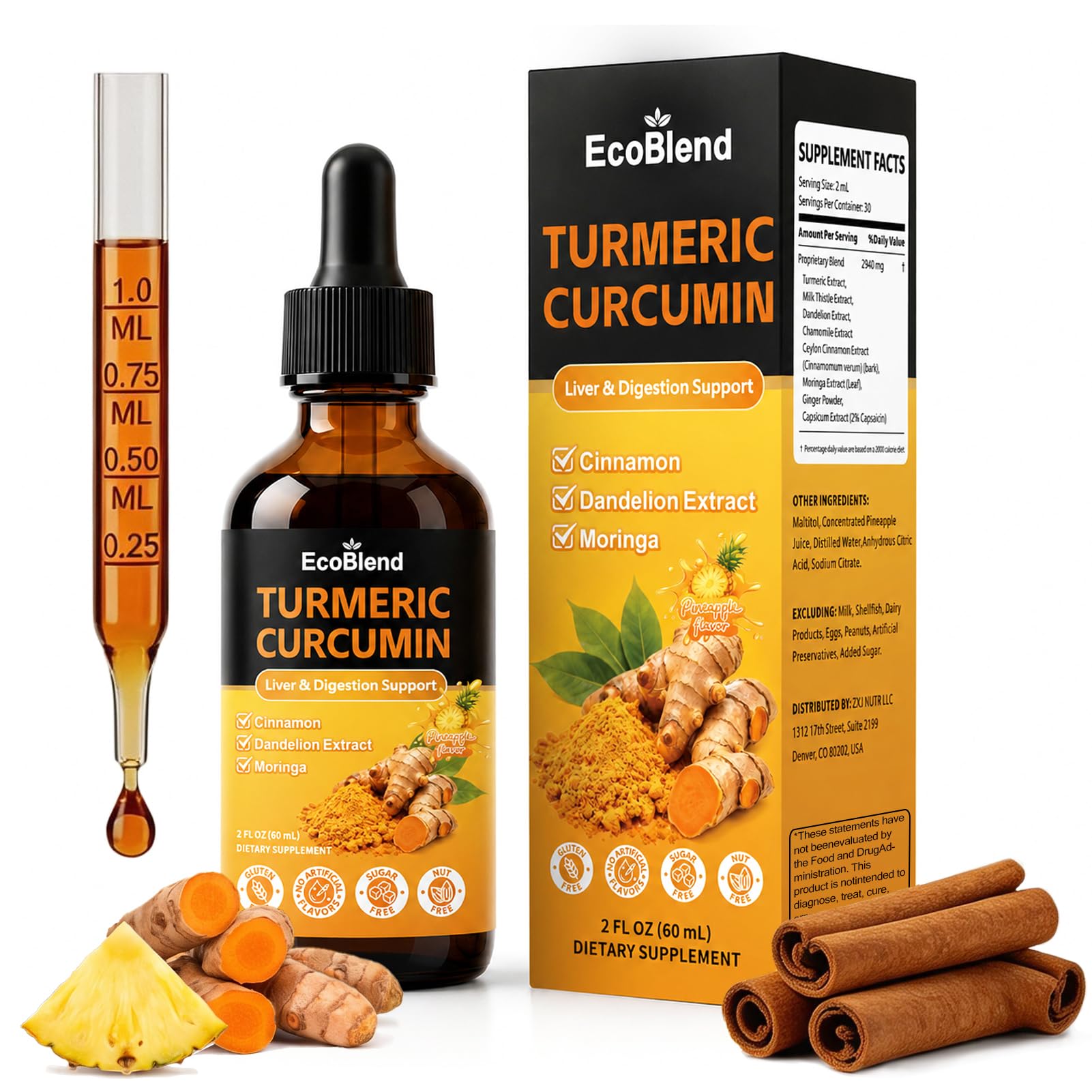 EcoBlend Suplemento Fitoterápico de Cúrcuma, Curcumina e Ervas, 60 mL