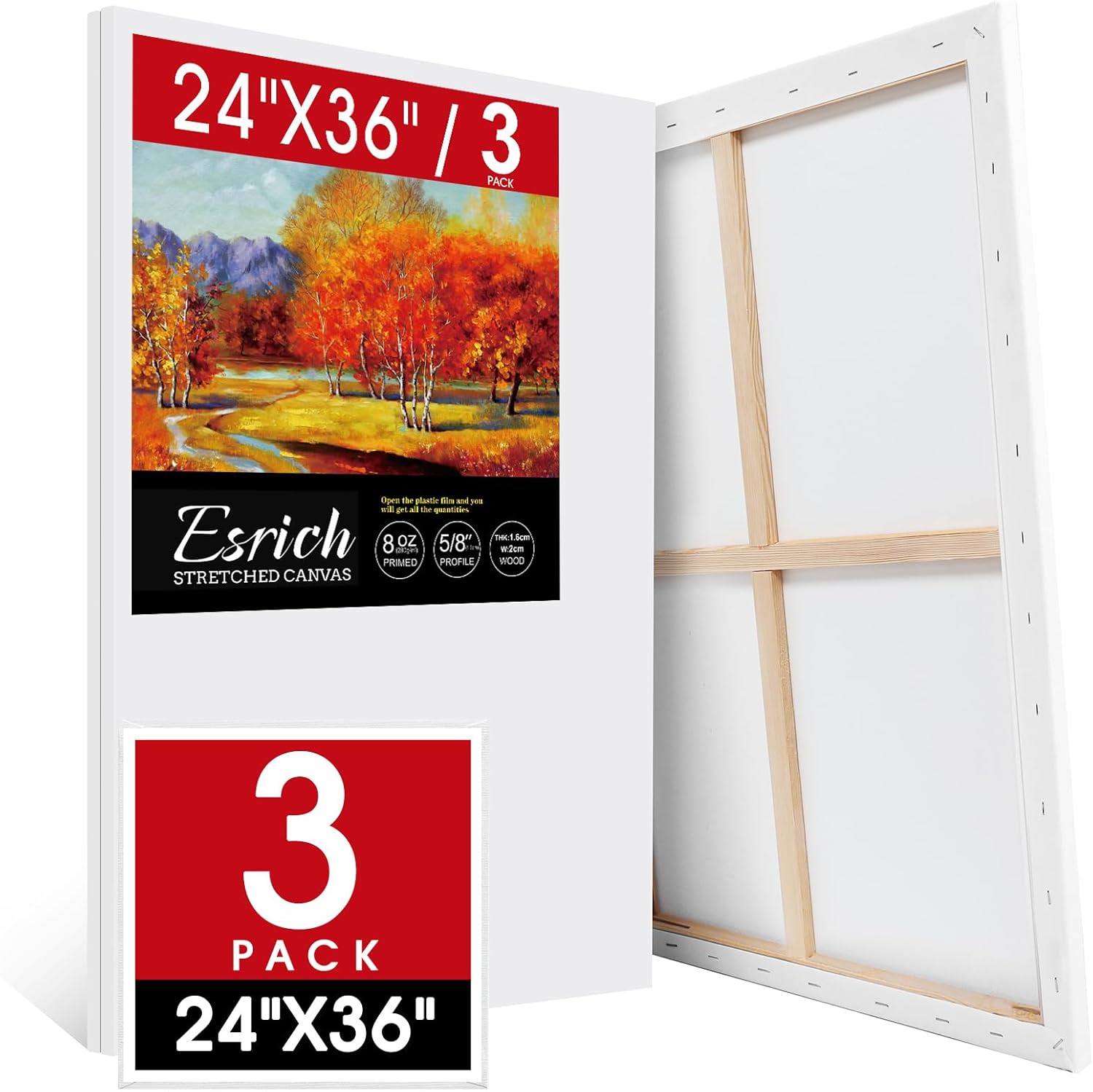 ESRICH Stretched Canvas for Painting 24x36 Inch, 3Pack Large Canvas for Painting, Primed Acid-Free Cotton Blank Canvases, Art Paint Canvases for Oil Paint,Watercolor,Acrylic Paint,Gouache and Tempera.