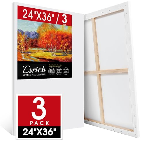 ESRICH Stretched Canvas for Painting 24x36 Inch, 3Pack Large Canvas for Painting, Primed Acid-Free Cotton Blank Canvases, Art Paint Canvases for Oil Paint,Watercolor,Acrylic Paint,Gouache and Tempera. - 24x36in-3Pack
