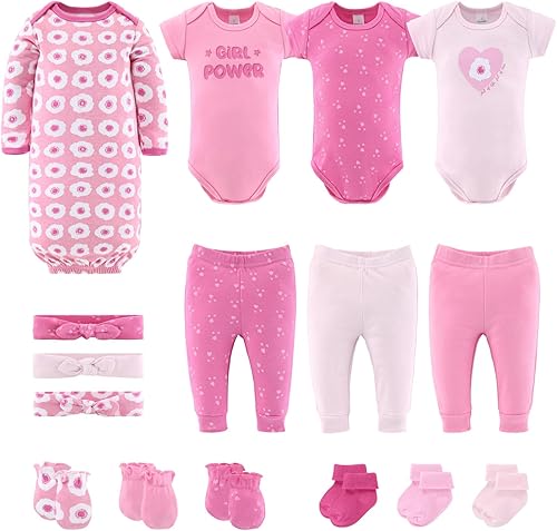 The Peanutshell Conjunto de ropa y accesorios para niña recién nacida, juego de regalo de canastilla de 16 piezas, trajes de 0 a 3 meses, Rosado